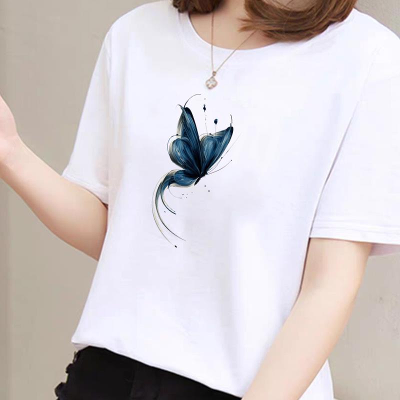 蝴蝶气质短袖时尚上衣圆领通勤打底女外穿洋气休闲夏季ins印花T恤