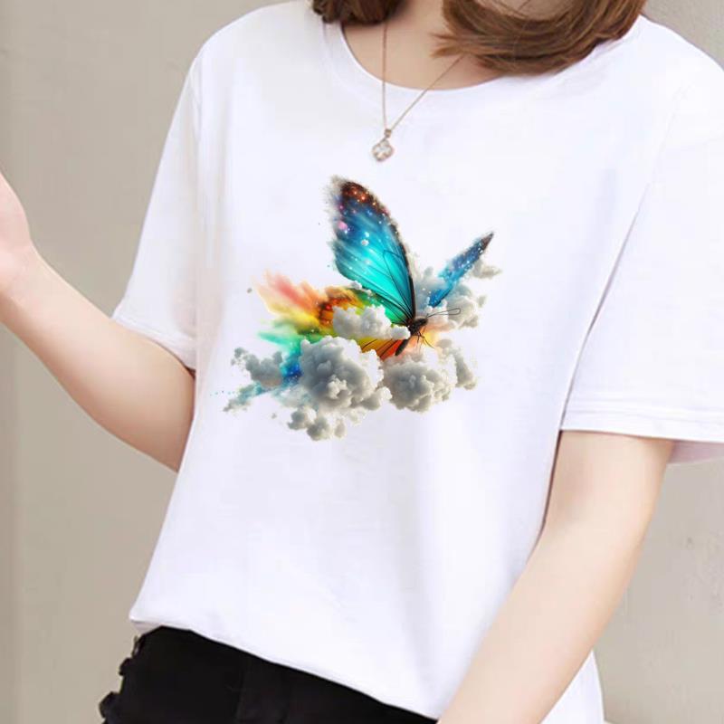 蝴蝶可爱短袖时尚上衣圆领通勤打底女外穿洋气休闲夏季ins印花T恤