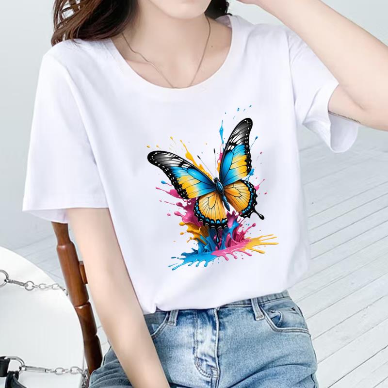 蝴蝶可爱短袖通勤夏季上衣女外穿洋气打底时尚休闲圆领ins印花T恤