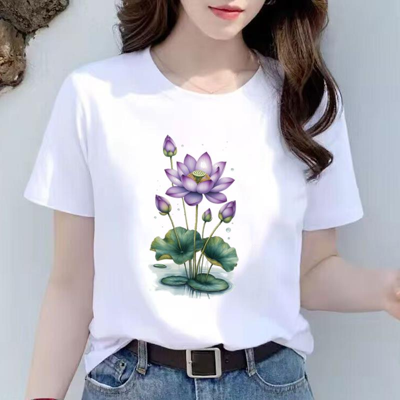 女外穿洋气夏季荷花可爱上衣打底短袖通勤时尚休闲圆领ins印花T恤