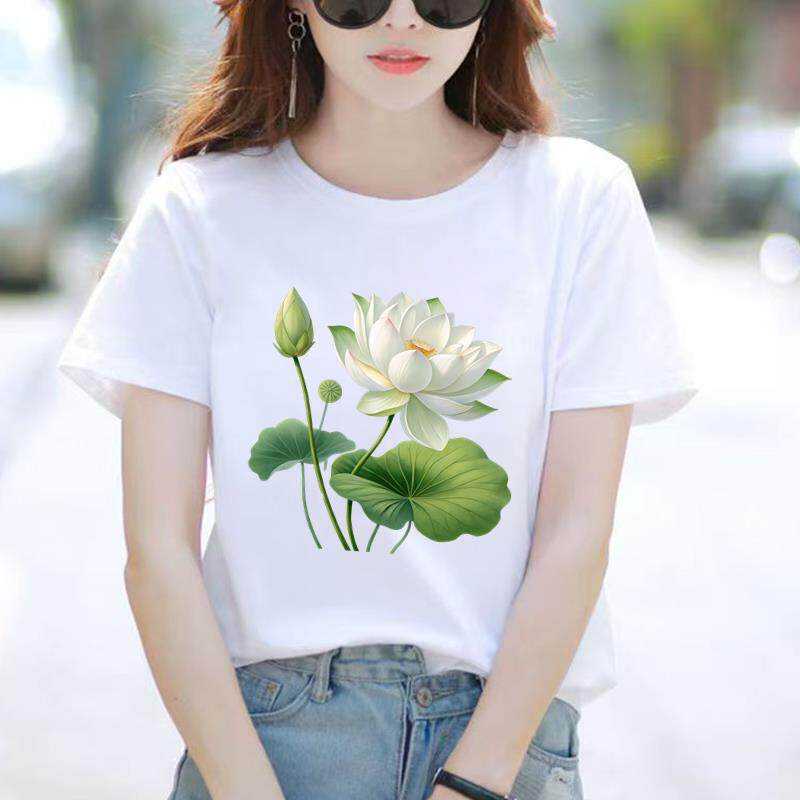 荷花花卉夏季上衣女外穿洋气打底短袖通勤时尚休闲圆领ins印花T恤