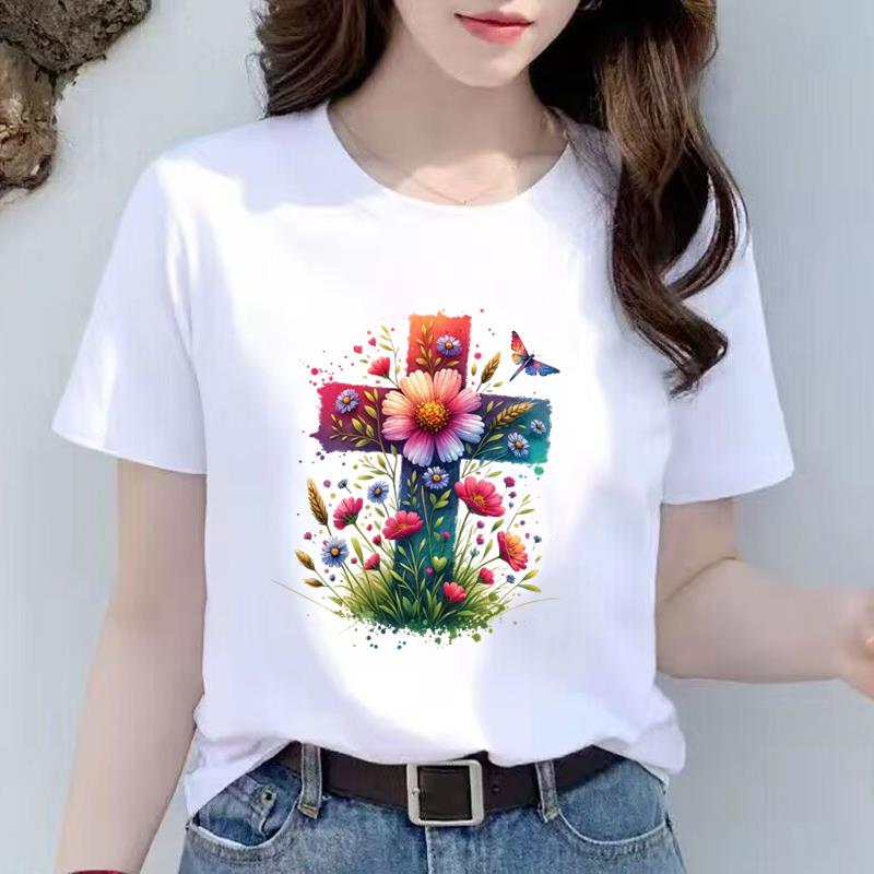 可爱花卉夏季上衣女外穿洋气打底短袖通勤时尚休闲圆领ins印花T恤