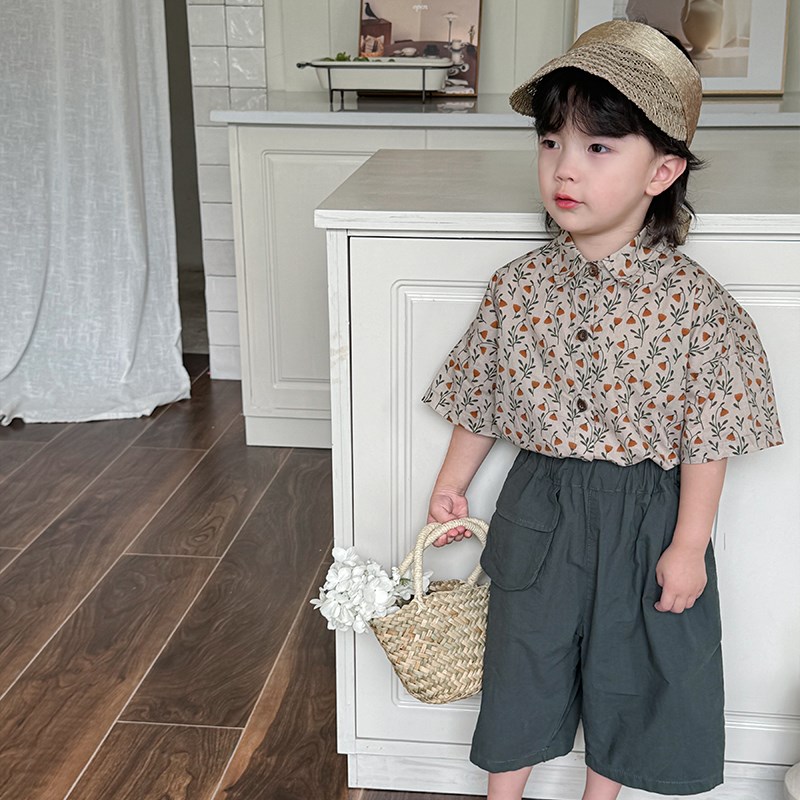 暮晨家新款夏装2025男童碎花短袖衬衫宝宝森系复古国风衬衣开衫薄