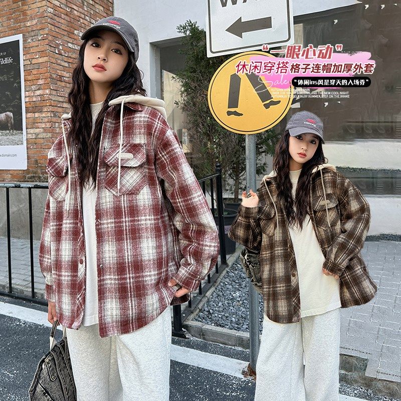 胖女童夹棉外套儿童秋冬加肥加大码格子衬衫连帽加厚时髦衬衣上衣