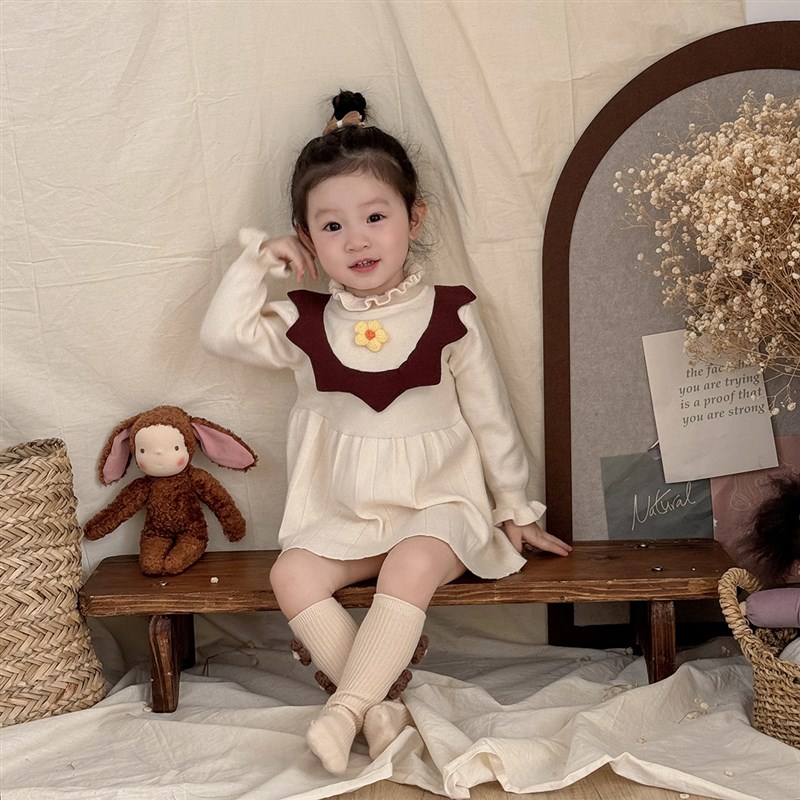 毛衣裙秋冬女童针织连衣裙小女孩花朵半高领公主裙宝宝打底小裙子