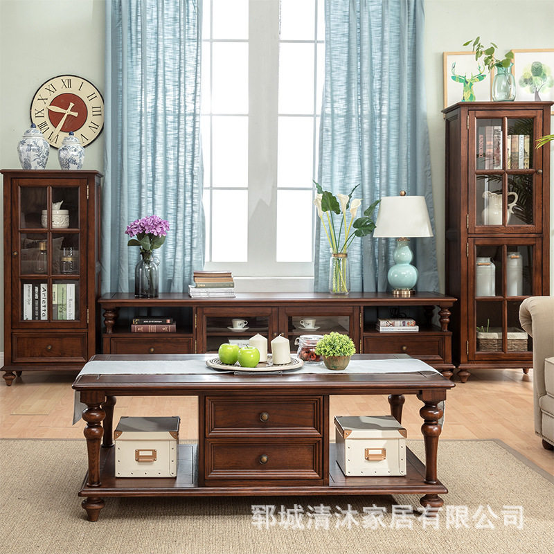 源头厂家家用小户型咖啡茶几实木乡村家具做旧客厅美式组合茶几