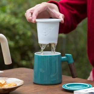 马克杯 家用陶瓷水杯带盖茶杯茶水分离泡茶杯办公室喝茶杯中式