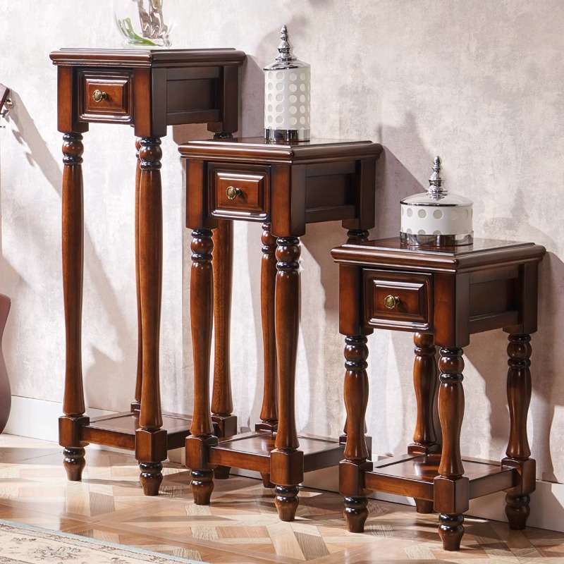 美式乡村仿古客厅带抽屉方花架置物三角架落地花几花台全实木花架