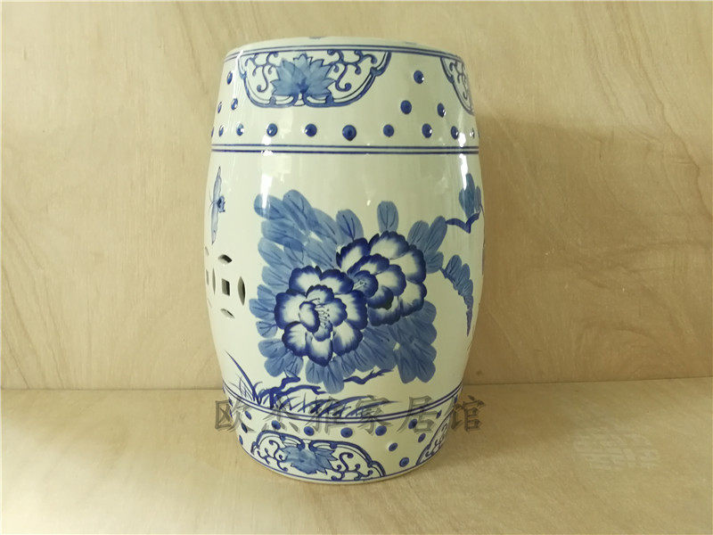 陶瓷手绘青花瓷换鞋凳鼓凳梳妆凳子新中式仿古鼓墩坐墩矮凳圆凳L1