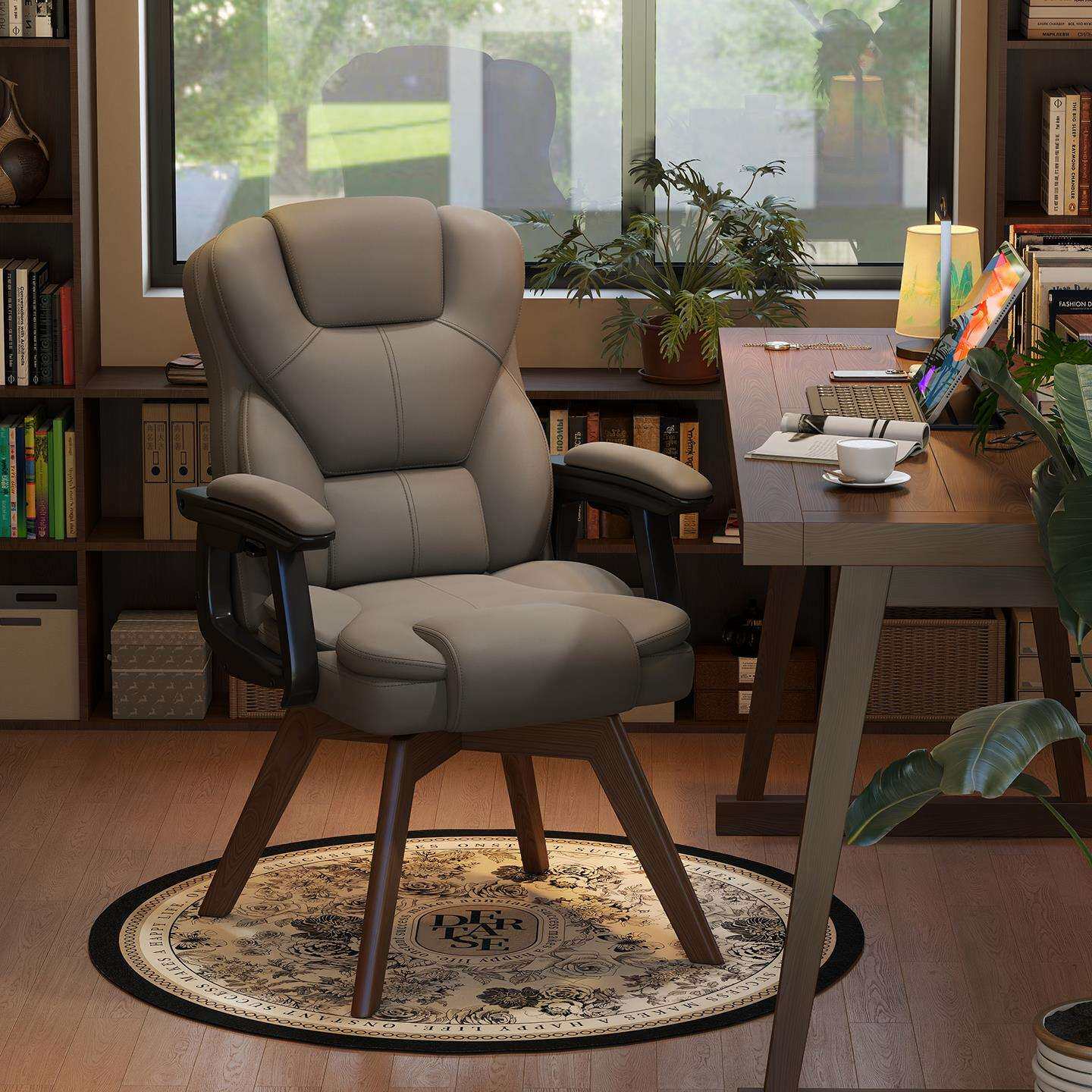 电脑椅久坐家用书房书桌椅子办公室卧室椅实木腿可旋转靠背椅