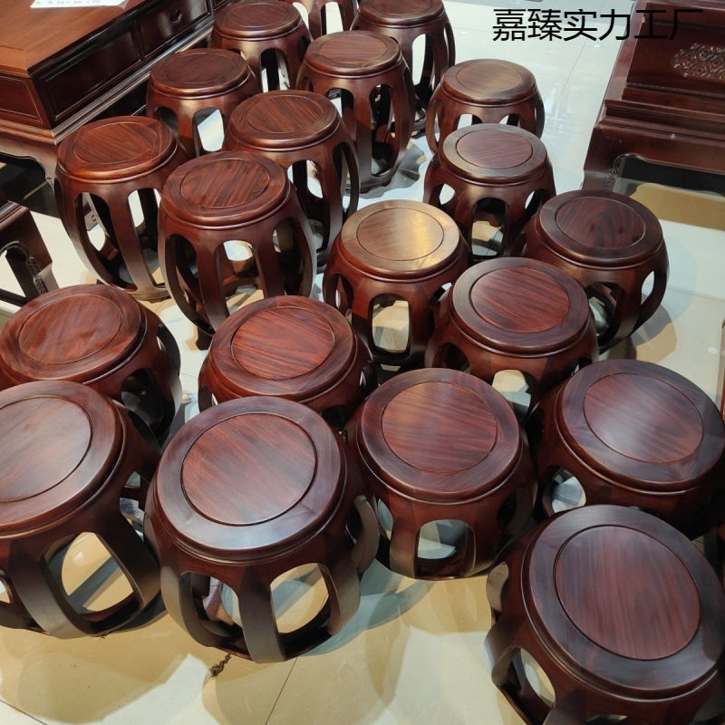 古筝凳矮凳黑酸枝红木色茶桌鼓凳仿古中式实木圆凳子家用凳子客厅