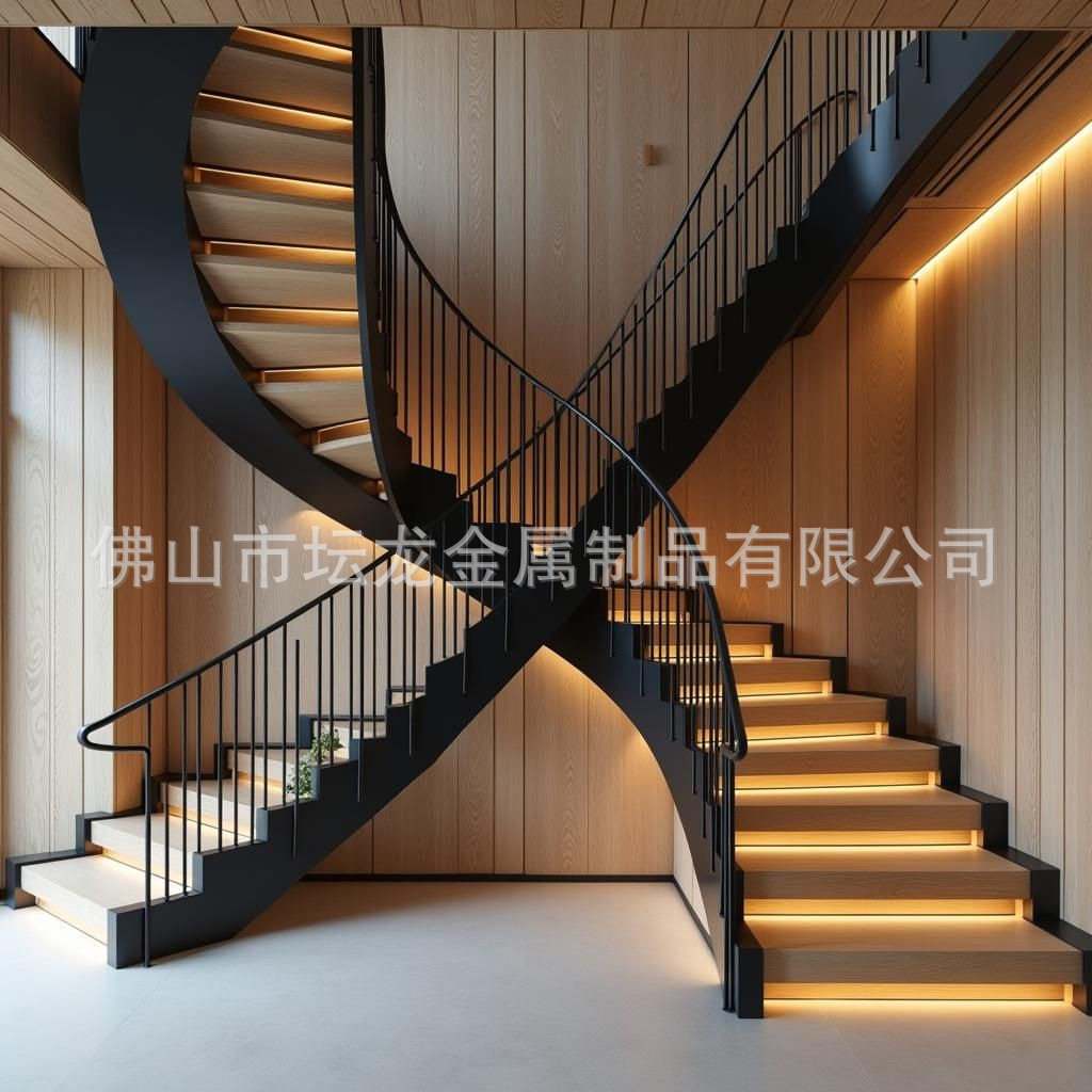 外贸出口款欧式铁艺双梁旋转楼梯实木踏步金属护栏