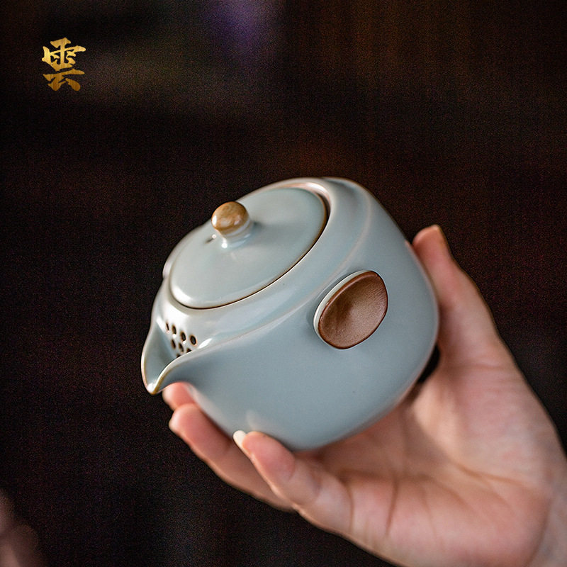 天青汝窑茶壶手抓壶单个盖碗防烫陶瓷茶具开片可养汝瓷泡茶器家用