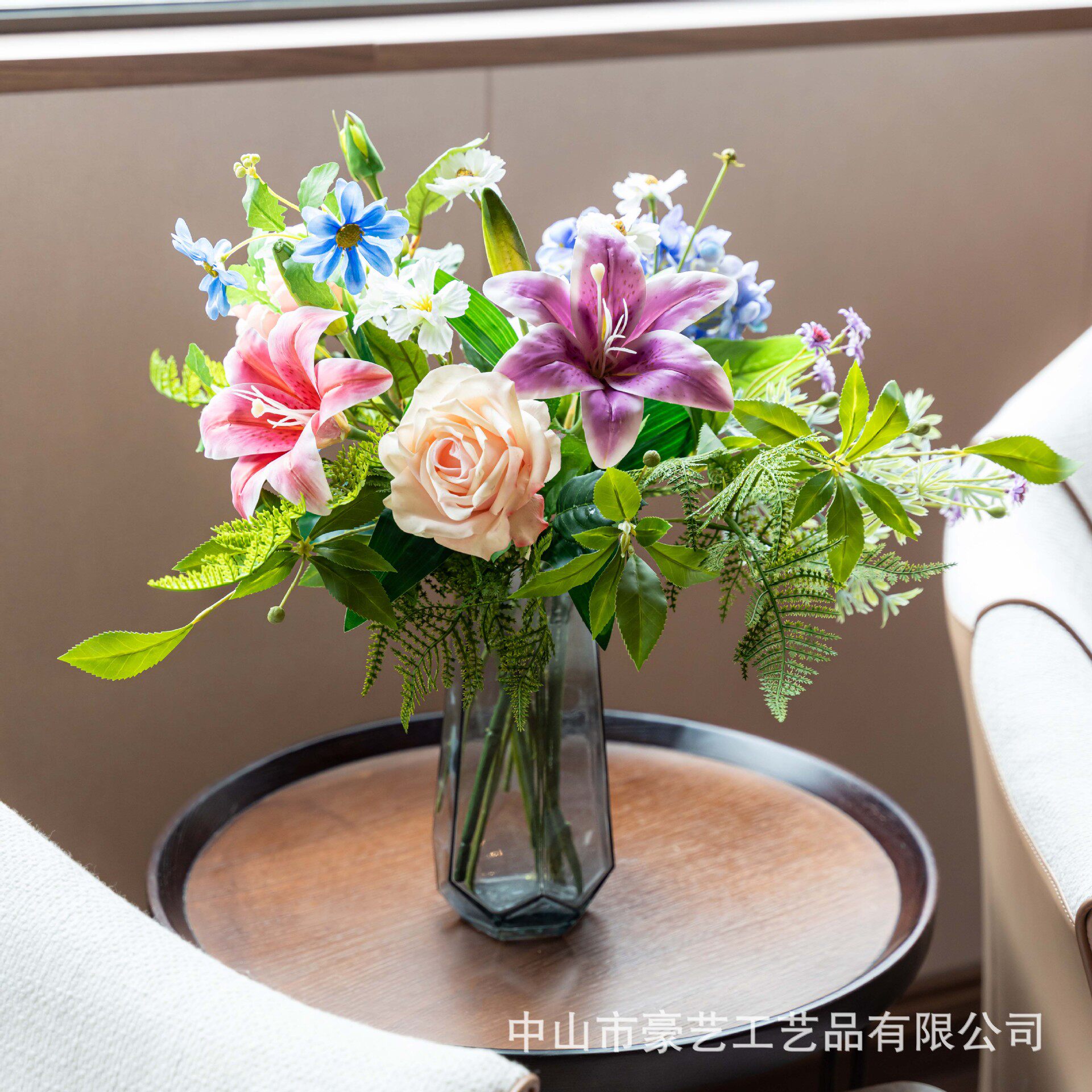 仿真花玫瑰百合仿真生日花束婚礼桌面装饰布置摆件假花高级材料