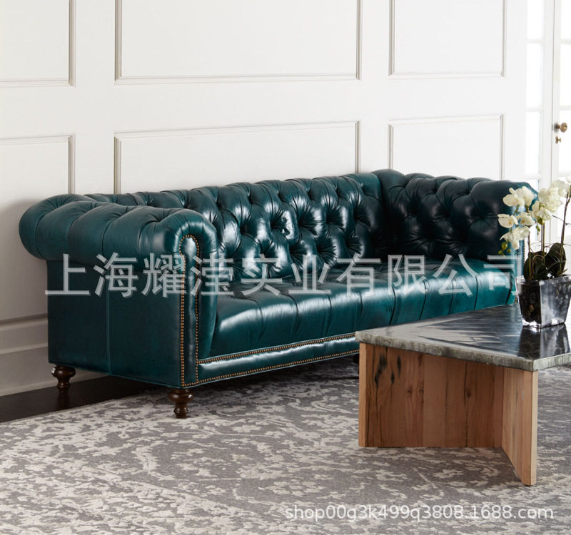 美式皮艺沙发定制家具样板房拉扣软包三人沙发影楼时尚接待沙发