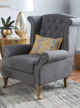 美式乡村布艺灰色软包单人沙发轻奢阳台白色休闲高背椅整装老虎椅