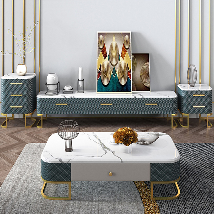 现代简约轻奢大理石圆形茶几电视柜组合客厅北欧小户型茶几桌家用