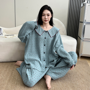 胖mm大码 宽松家居服 200斤睡衣纯棉双层纱女春秋冬娃娃领孕妇长袖