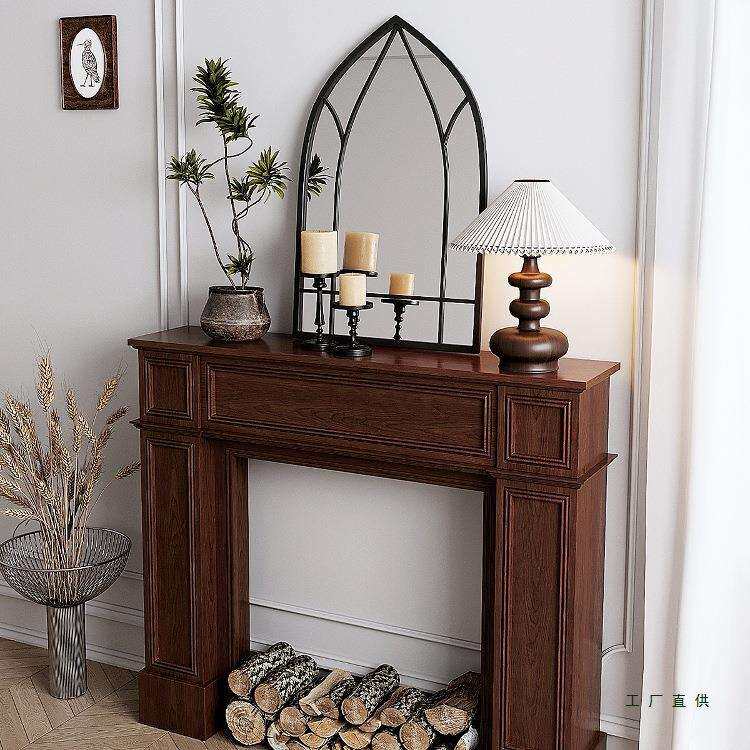 法式复古壁炉装饰窄柜实木胡桃色民宿展示台客厅隔断玄关柜置物架