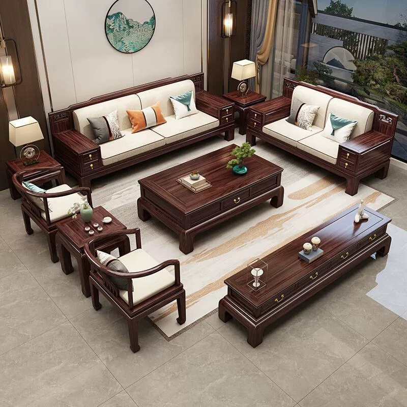 新中式乌金木沙发家用客厅大小户型仿古雕花别墅家具组合沙发直销