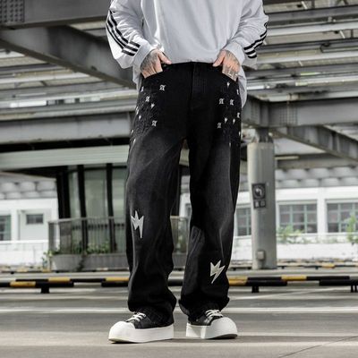 巴黎风格潮牌美式闪电刺绣牛仔裤