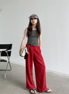 豆丁奇遇儿童春夏不对称腰头灰色西装裤烟管裤红色中大童亲子长裤