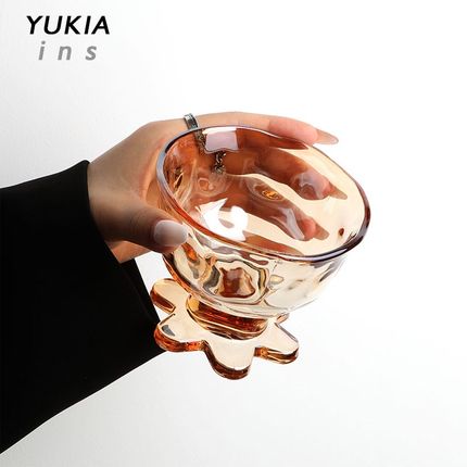 YUKI中古玻璃店小确幸杏花花脚雪糕杯琥珀色冰激凌碗甜品冰淇淋杯