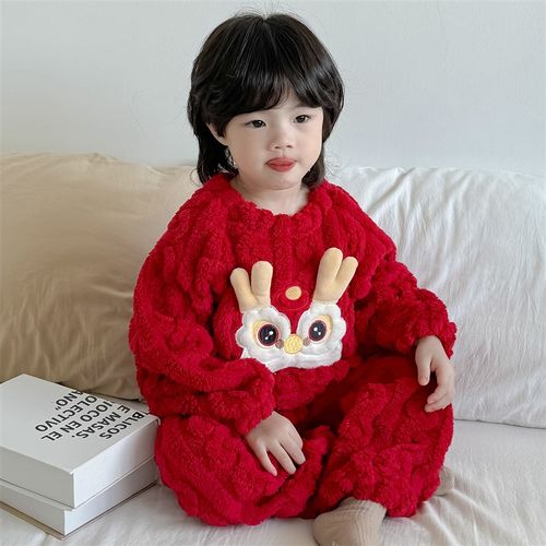 儿童新年冬款睡衣法兰绒龙年本命年大红色加厚男孩女童保暖家居服