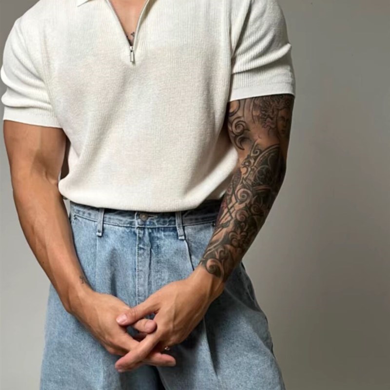 欧美硬汉半拉链针织polo衫肌肉男修身弹力三分短袖丝光棉紧袖t恤