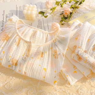 春秋季 泡泡棉纱睡衣女学生宿舍可外穿圆领家居服纯棉纱布可爱长袖