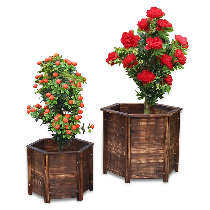 室外木花盆景观防腐碳化木户外木花箱木头六角花槽木制阳台特大号