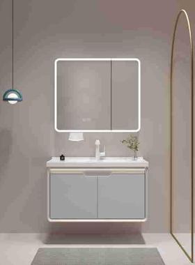 浅灰色纳弧边角浴室柜应收镜感陶瓷一体盆卫圆生RJX间壁挂式镜柜