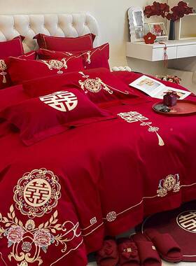 中式婚庆亲肤磨四件套红色刺绣毛LPG婚房礼绣花被结婚喜被床套上