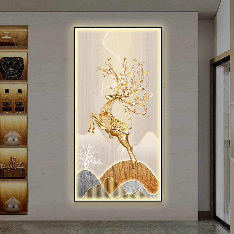 现代轻奢镶钻入户玄关装饰画招财麋鹿LED灯画走廊过道发光挂画图片