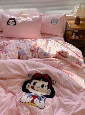 A卡通巾绣类上四毛件套否全棉纯棉被套床单学床生宿舍三TJI件套床
