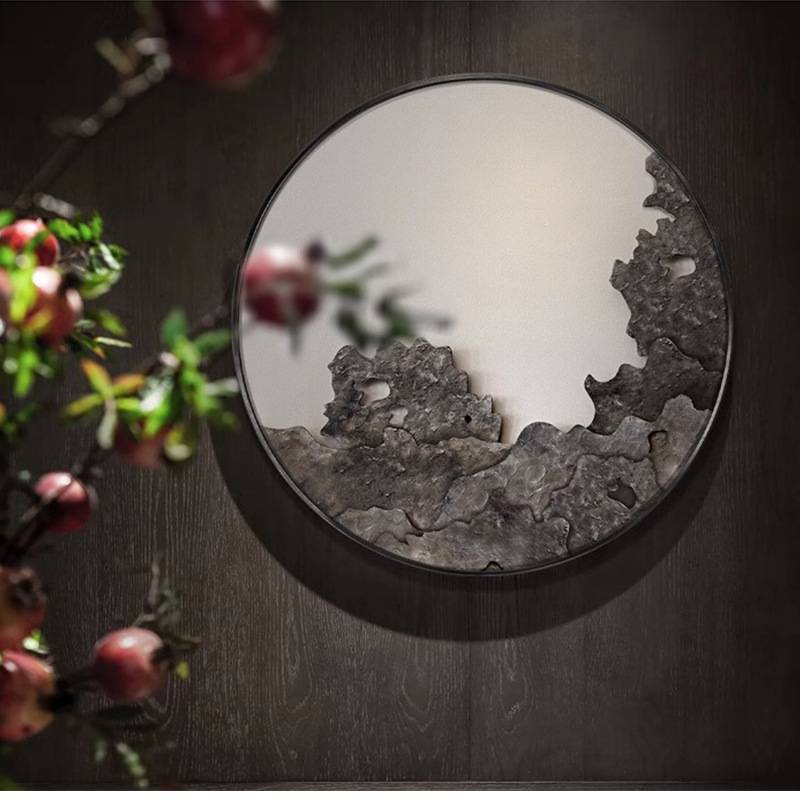 新中式圆形入户玄关画太湖石喷绘装饰画茶室走廊过道抽象挂画对门图片