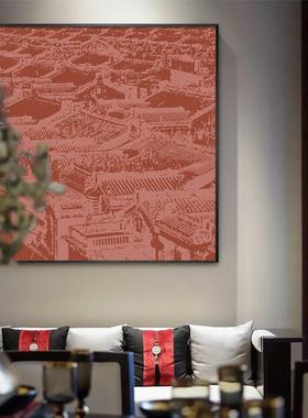 新中式装饰画红色建XDH筑群典术轻奢艺客厅沙发墙玄关壁古画方形