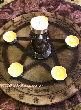 实木雕刻五芒星木质雕刻手工盘 圆盘 几何图案花纹 摆件拍照