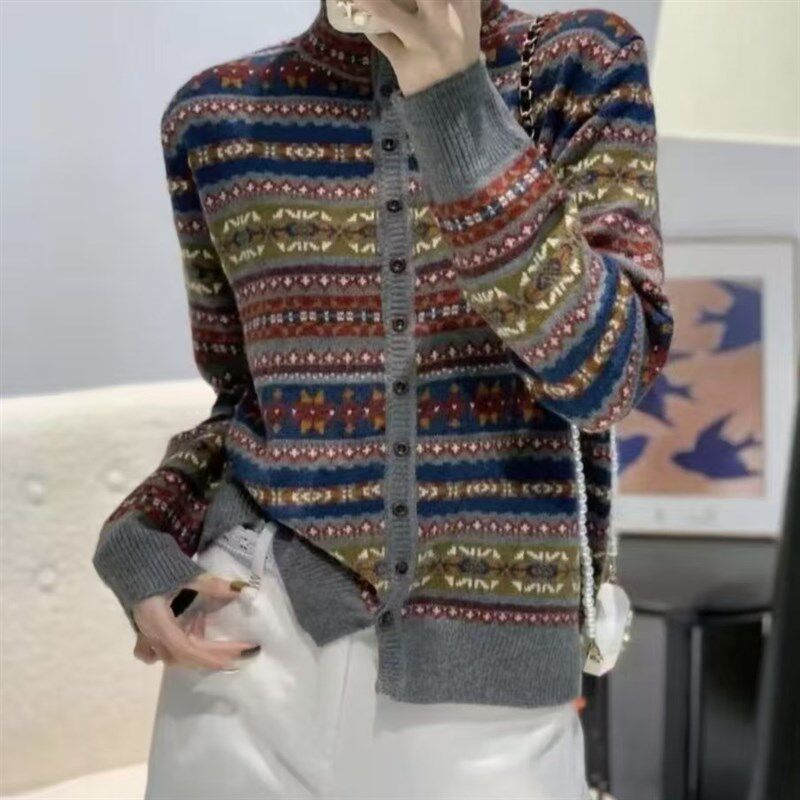 【七彩花毛衣开衫】202r5秋冬新款欧货民族风高级提花开衫宽松减
