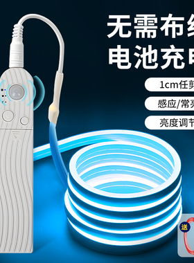 无光斑电池盒感应灯带楼梯床边橱柜低压无线充电灯条led冰蓝色光