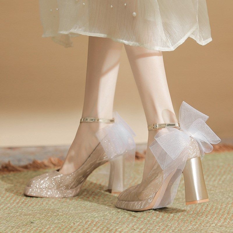 网纱高跟鞋女香槟色婚鞋粗跟新娘不累脚伴娘鞋新款秋季一字带单鞋