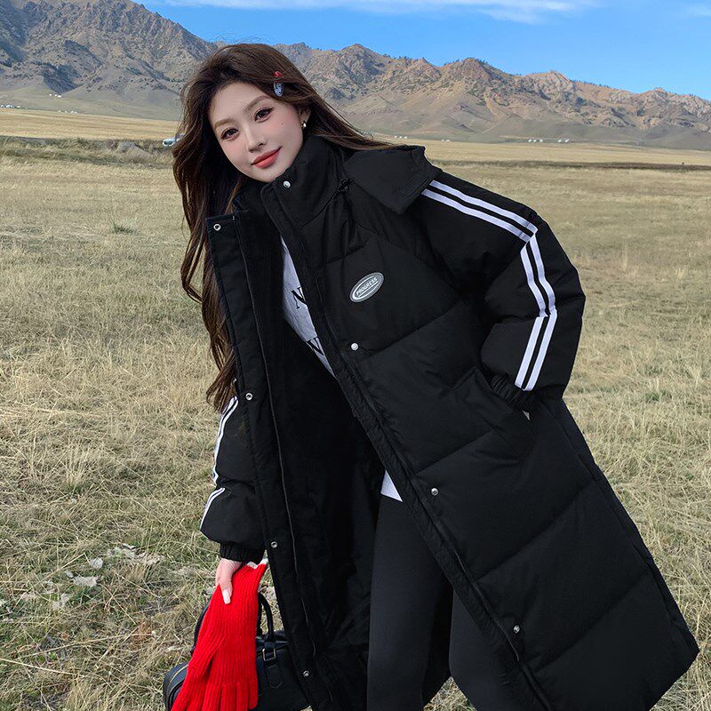 黑色长款羽绒棉服女冬季设计感韩版宽松学院风加厚爆款过膝棉袄