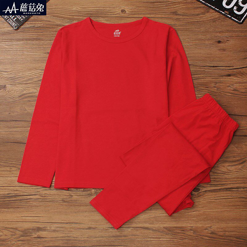 胖男童内衣套装本命年红色春秋薄款青少年男孩秋衣秋裤宽松大码