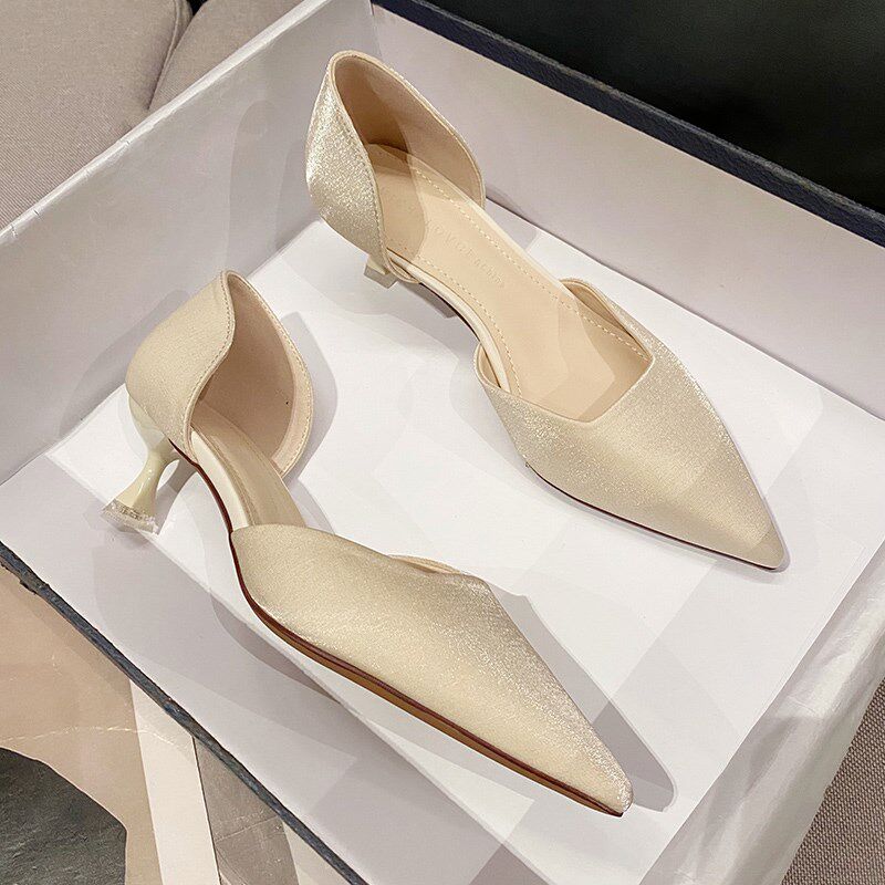 气质绸缎高跟鞋2024夏季百搭优雅时尚细跟中空软皮低跟单鞋女3cm