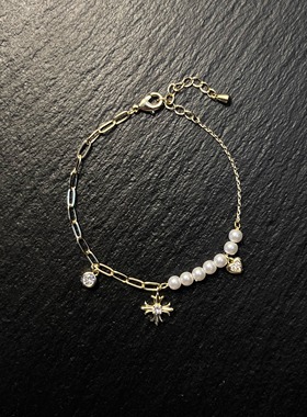 AvoStudio 复古手链-193 金珀珍珠棱链女生轻奢简约气质手饰