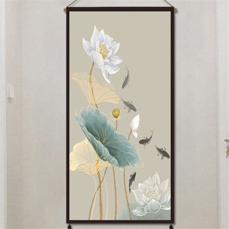 玄关装饰画荷花新中式布艺挂画现代客厅书房挂毯床头壁画竖中国风图片