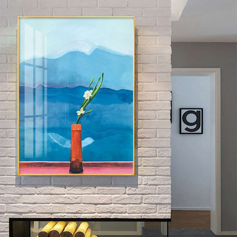 大卫霍克尼玄关装饰画北欧风走廊竖版挂画酒店大气富士山鲜花壁画