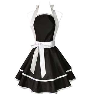 亚马逊制服呢围裙挂脖可调节格子蝴蝶结双层裙摆花边围裙厂家