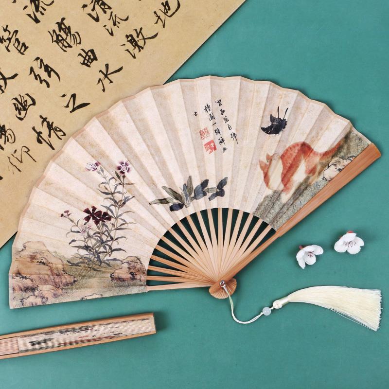 309复古风8寸扇子中国风折扇男女汉服旗袍猫咪便携夏季日用舞蹈扇