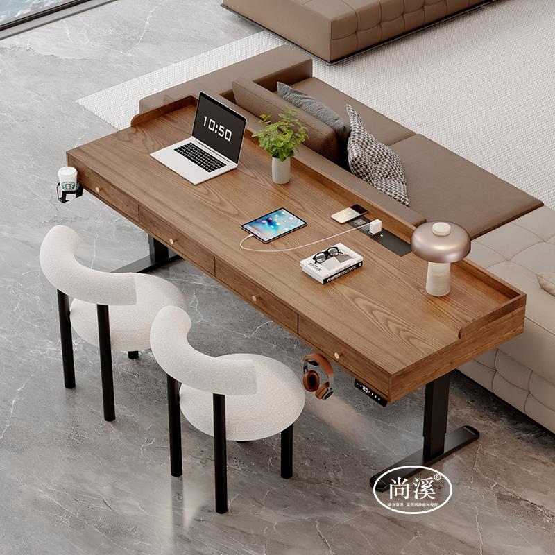 实木智能升降书桌带抽屉沙发后电脑桌客厅学习桌书房长桌办公家用